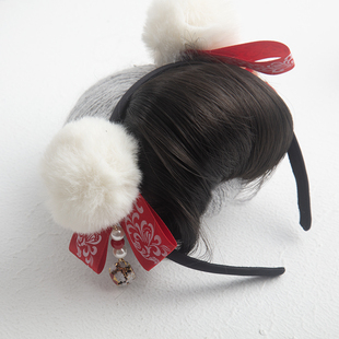 2023新款儿童假发刘海女宝宝头饰蝴蝶结演出古风新年毛球流苏发箍