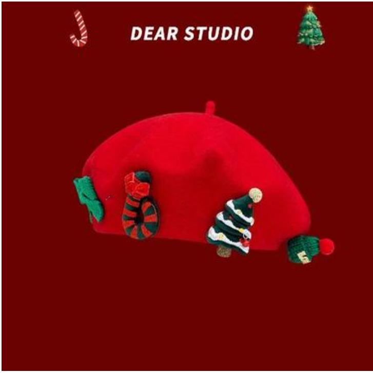 日系甜美红色圣诞节羊毛呢贝雷帽子女冬季保暖百搭学生情侣画家帽