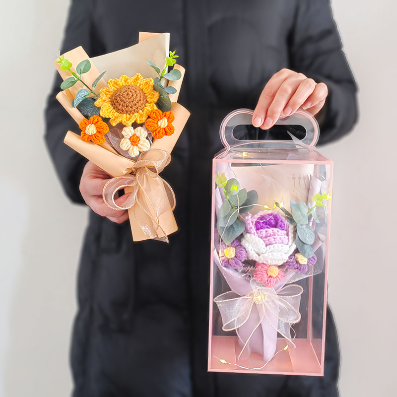 手工钩织毛线小花束玫瑰向日葵成品仿真花节日活动创意礼品盒