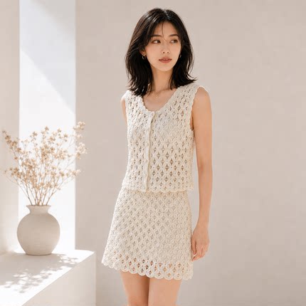 杏色镂空花边度假甜美针织背心女上衣+A字半身短裙套装夏季新款