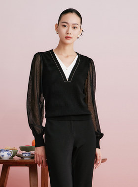 歌蒂诗春季专柜新款时尚气质领口撞色网纱袖毛织衫 1D33Z1542