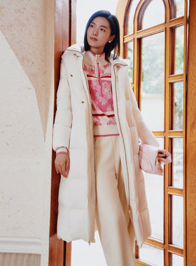 歌蒂诗【中长款鹅绒服】冬专柜新款简约通勤连帽羽绒服 8E42Y3544