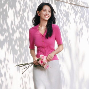 针织衫 简约气质V领收腰显瘦短袖 8E21Z1579B 专柜新款 歌蒂诗夏季