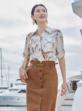 歌蒂诗【100%桑蚕丝】专柜夏款时尚印花气质中袖衬衫女 8D23A1191