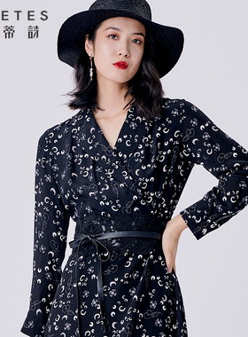 【柳哥严选】歌蒂诗修身v领印花连衣裙100%桑蚕丝8B11L3088