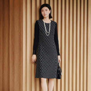 连衣裙女 歌蒂诗冬季 显瘦长袖 气质格纹修身 1E42L2051 专柜新款