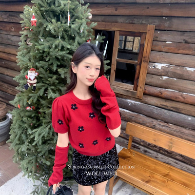 topchanlin 2026早春圣诞节庆氛围感刺绣小花短袖毛衣女带袖套