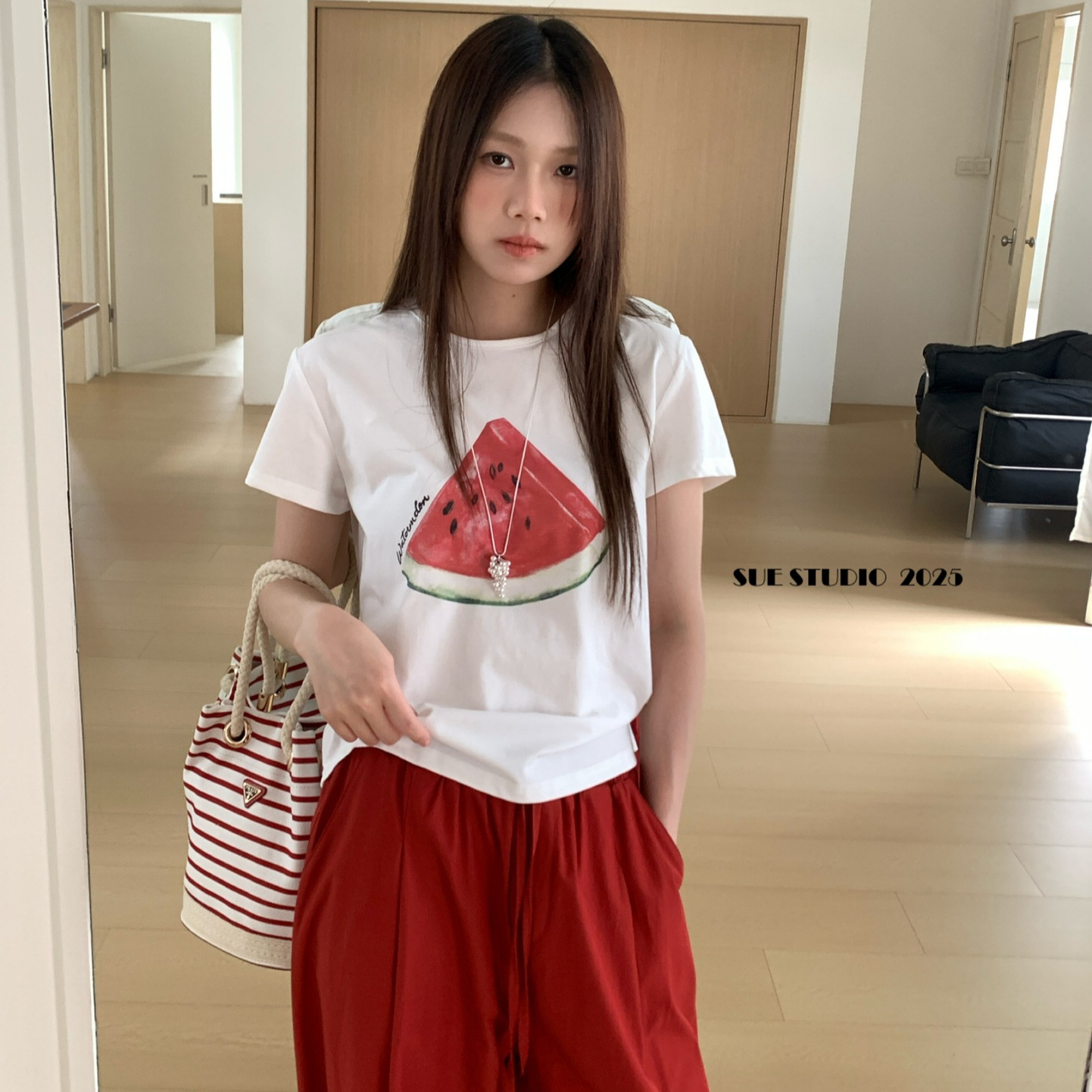 SUE十三行韩系印花西瓜短袖t恤夏季新款凉爽百搭休闲上衣女99118