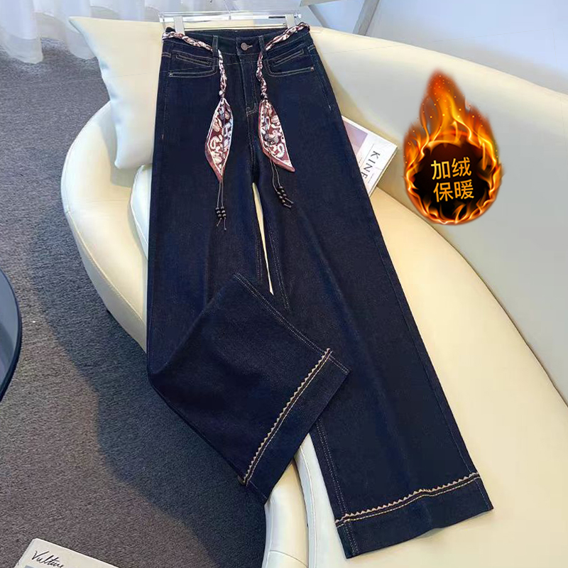 丹宁蓝阔腿牛仔裤女秋冬加绒2025新款高腰宽松丝巾腰带加厚直筒裤