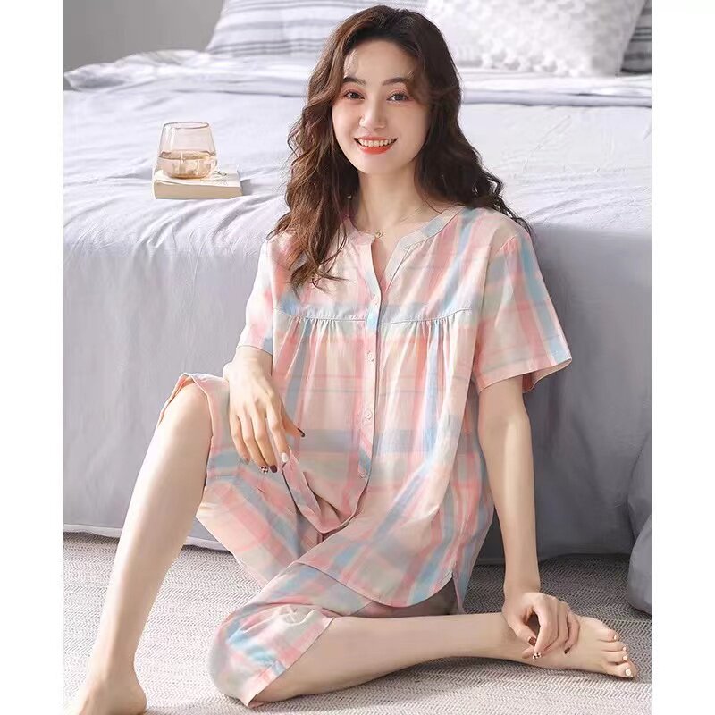100%棉睡衣女夏季短袖七分裤甜美格子开衫大码中年妈妈家居服套装