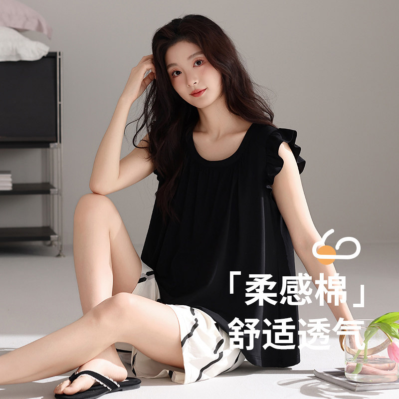 莫代尔凉感睡衣女夏季无袖短裤韩版条纹薄款夏天可外穿家居服套装