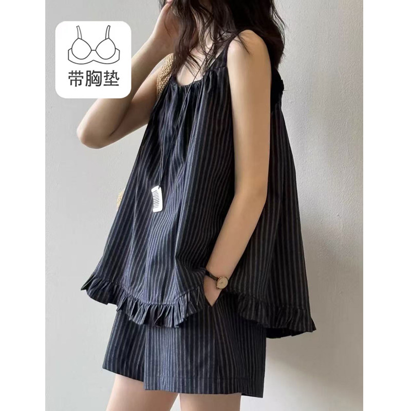 高档纯棉带胸垫睡衣女夏季吊带短裤韩版条纹休闲宽松可外穿家居服
