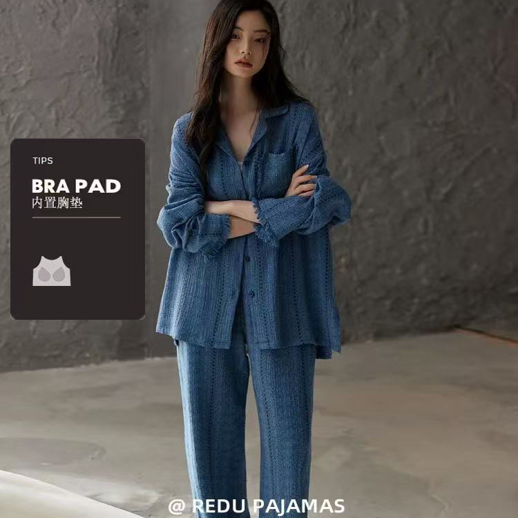 带胸垫睡衣女春秋季长袖韩版高级感蓝色大码慵懒可外穿家居服套装