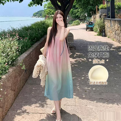 100%纯棉睡裙女夏季吊带甜美渐变色度假风多巴胺可外穿连衣裙睡衣