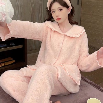 珊瑚绒睡衣女秋冬季加绒加厚甜美保暖法兰绒冬天可外穿家居服套装