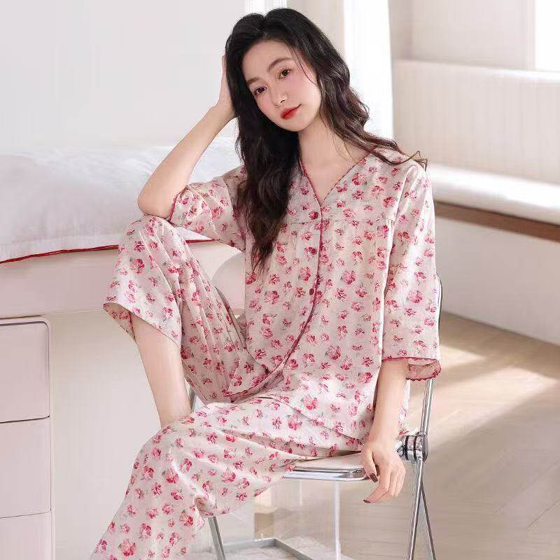 100%棉春夏秋季七分袖九分裤甜美碎花开衫大码中年妈妈家居服套装
