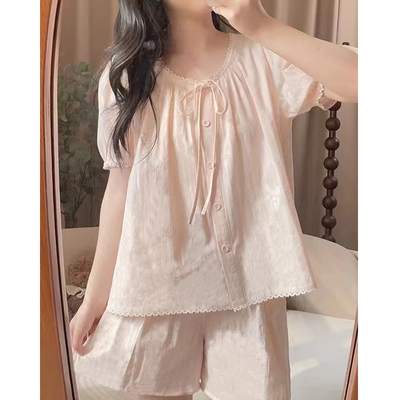 100%纯棉睡衣女夏季短袖甜美公主风开衫休闲薄款可外穿家居服套装