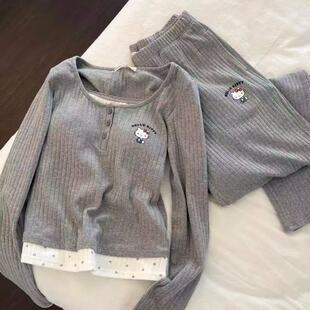 带胸垫睡衣女春秋季韩版撞色长袖长裤卡通休闲慵懒风可外穿家居服