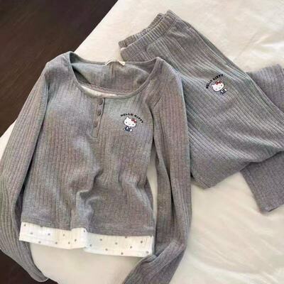 带胸垫睡衣女春秋季韩版撞色长袖长裤卡通休闲慵懒风可外穿家居服