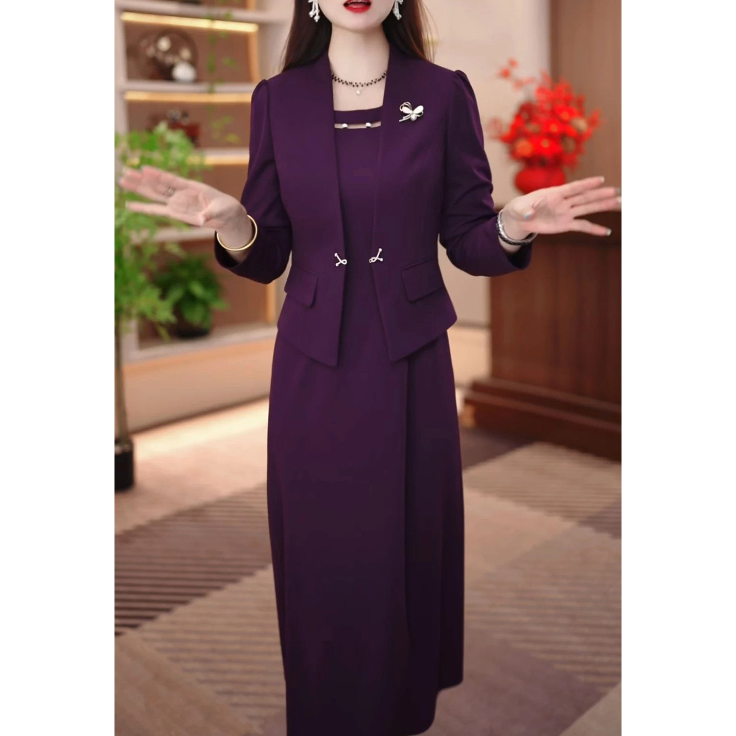 妈妈装两件套女秋季紫色小外套