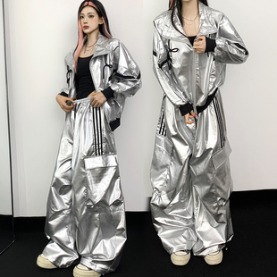 嘻哈爵士舞银色外套亮面皮夹克机车酷帅外套银色裤子kpop女团套装