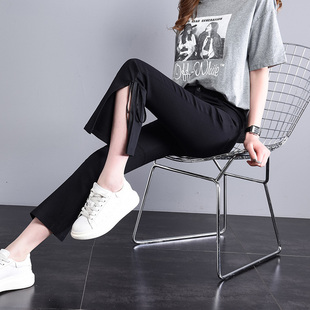 黑色弹力高腰裤子女显瘦2025春秋新款垂感九分小个子开叉微喇叭裤