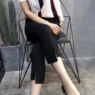 顯瘦松緊腰開叉彈力七八分喇叭休閑褲 高腰薄款 九分微喇褲 子女 夏季