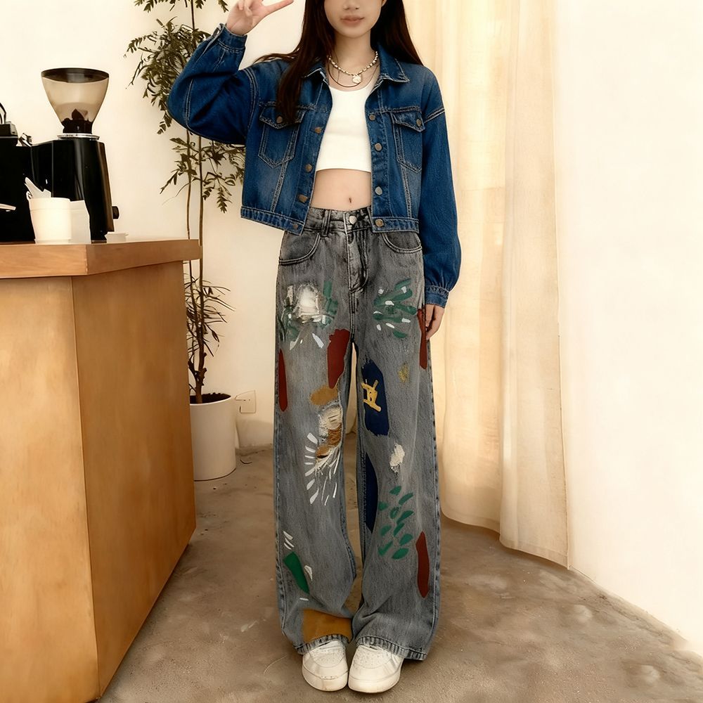 美式嘻哈涂鸦高腰阔腿牛仔裤女图片