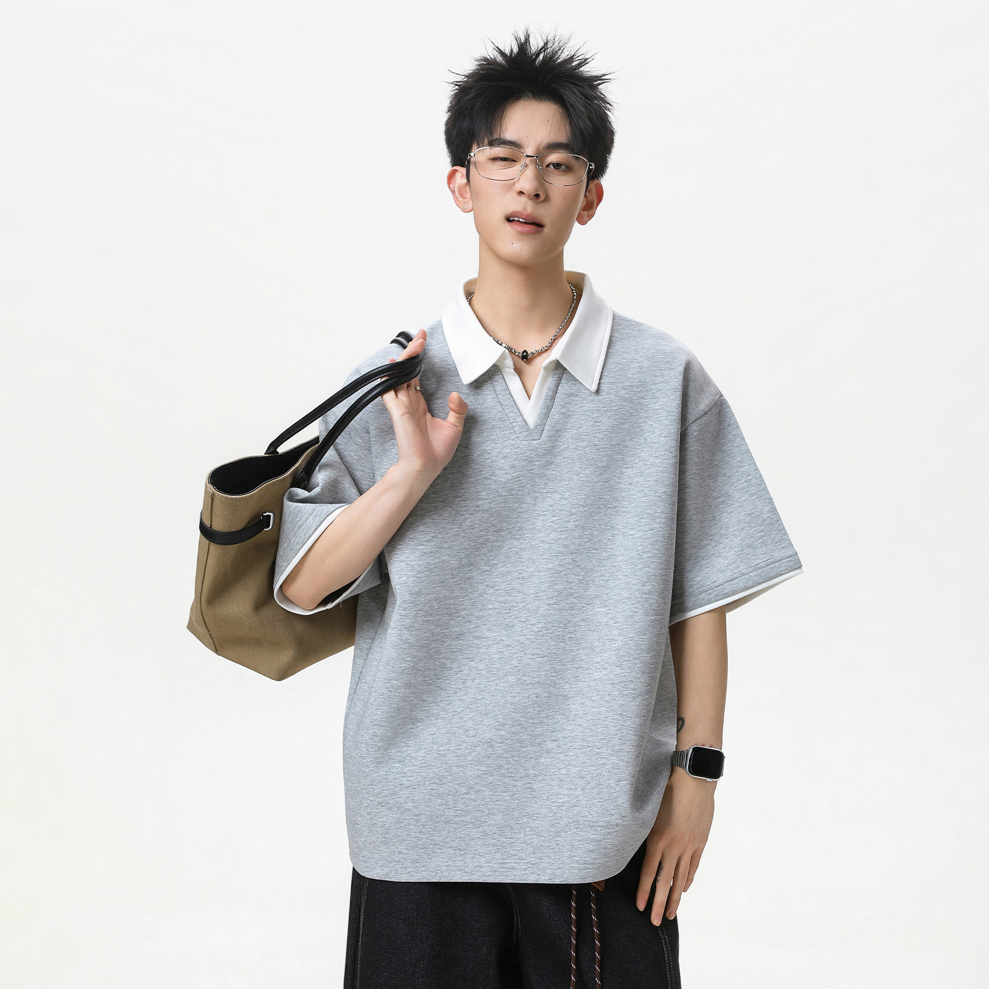 WASSUP假两件学院风V领短袖Polo衫男款夏季美式休闲百搭男生T恤衫