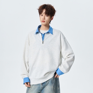 WASSUP假两件卫衣翻领美式潮牌2026春季新款青年polo领长袖男上衣