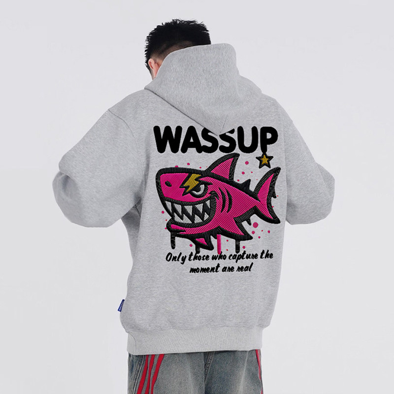 WASSUP美式鲨鱼印花卫衣男连帽秋冬季新款潮牌宽松休闲情侣上衣服