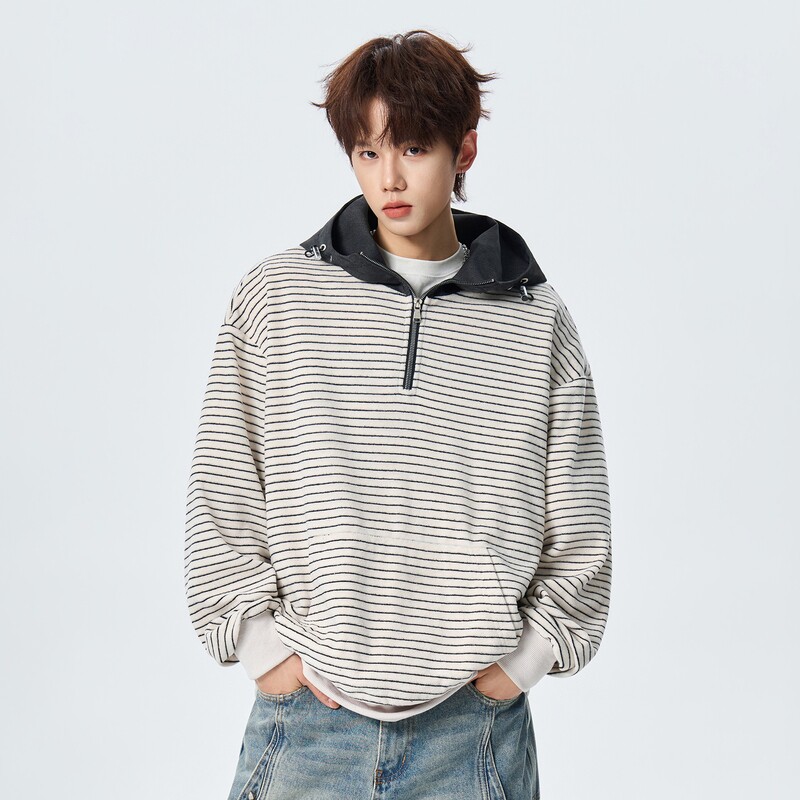 WASSUP美式条纹连帽半拉链卫衣男春秋2026新款潮牌复古帽衫上衣服
