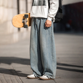 宽松直筒休闲水洗复古做旧设计感情侣阔腿裤 WASSUP弯刀牛仔裤 男士