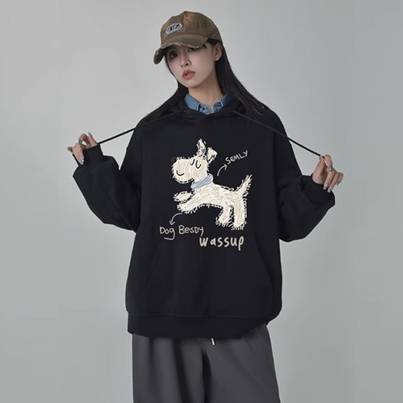 WASSUP潮牌线条狗狗连帽卫衣男女