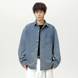 WASSUP牛仔长袖衬衫男春秋潮流百搭简约衬衣日系宽松休闲外套潮牌