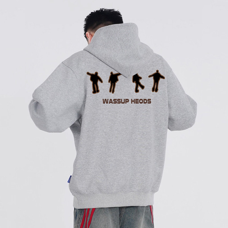WASSUP美式复古灰色卫衣男连帽秋冬加绒宽松休闲重磅情侣上衣外套