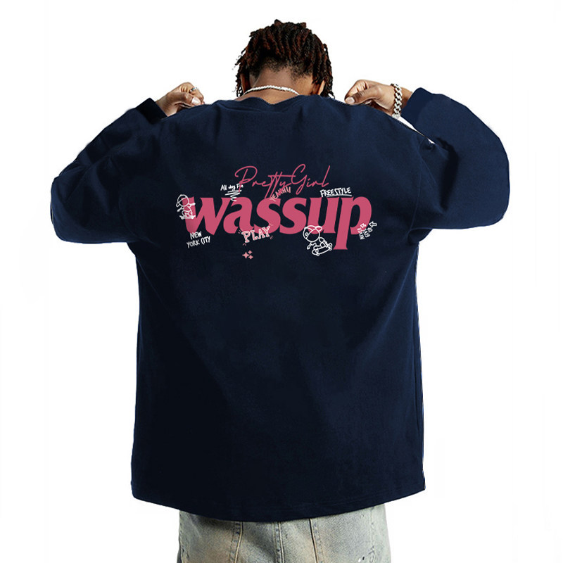 WASSUP涂鸦字母重磅纯棉长袖T恤男秋季宽松休闲情侣圆领打底上衣