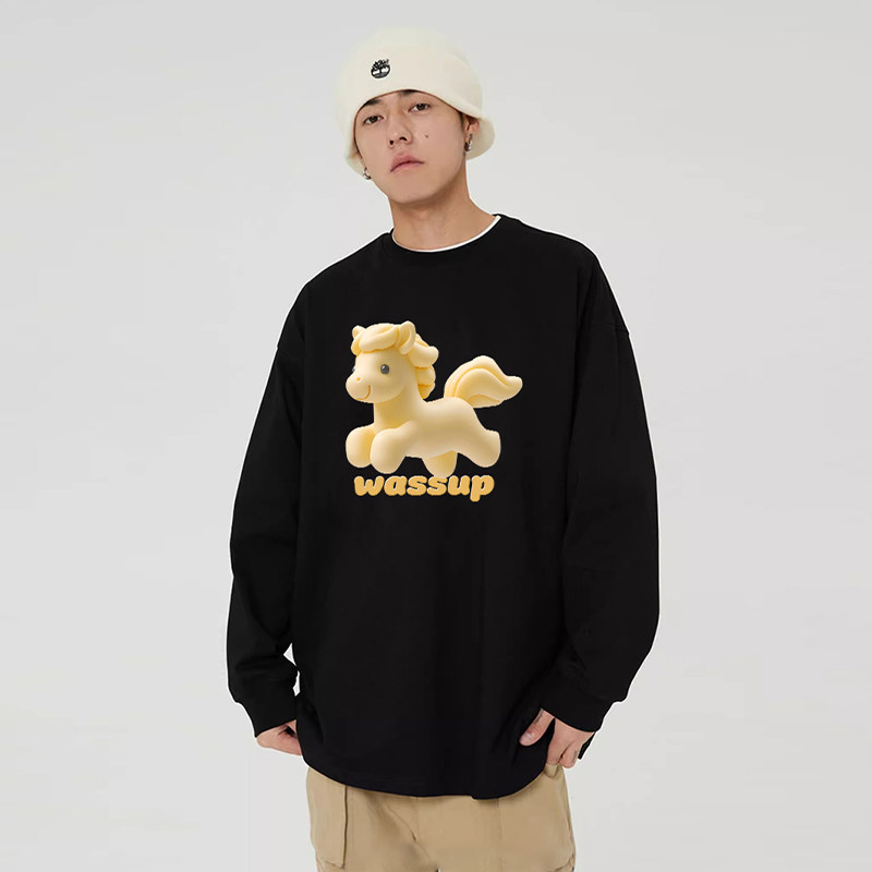 WASSUP马年系列国潮长袖T恤男女秋季宽松休闲百搭圆领打底衫上衣