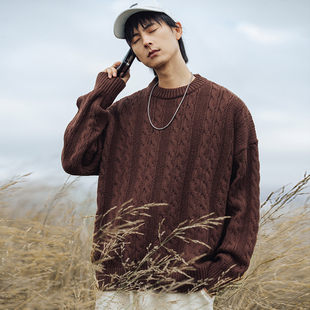 WASSUP潮牌棉致麻花毛衣男款圆领宽松ins潮流秋冬复古针织衫上衣