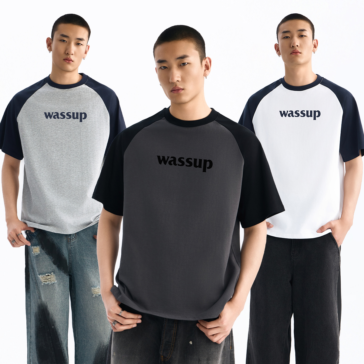 WASSUP潮牌插肩袖字母T恤短袖男夏季新款美式拼色纯棉圆领体恤衫