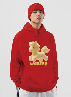 WASSUP中国红马年国潮卫衣男连帽秋冬2026新款加绒宽松情侣款上衣