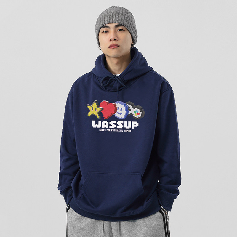WASSUP趣味印花连帽卫衣男春秋冬