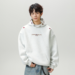 WASSUP民族风刺绣连帽卫衣男款秋冬宽松潮流百搭情侣重磅套头上衣