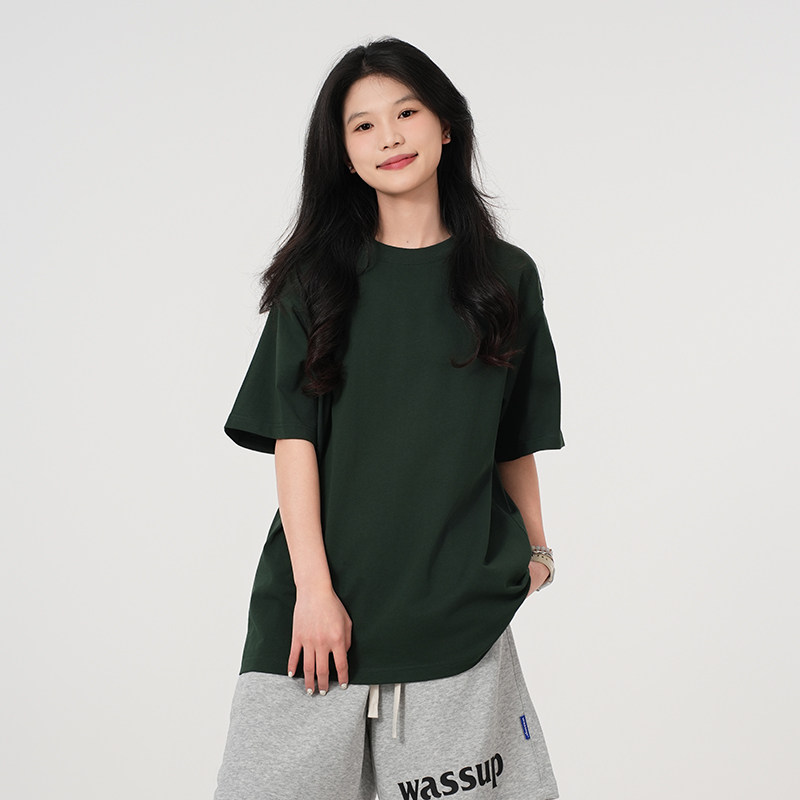 WASSUP潮牌墨绿色基础纯色短袖T恤女夏季宽松休闲情侣款半袖上衣
