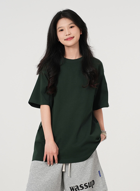WASSUP潮牌墨绿色基础纯色短袖T恤女夏季宽松休闲情侣款半袖上衣