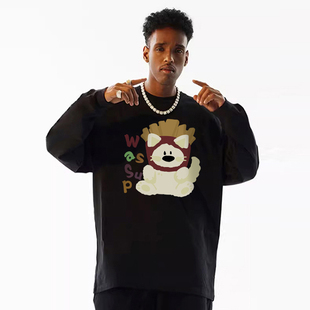 WASSUP美式卡通重磅长袖T恤男生春秋季新款潮牌纯棉圆领体恤上衣