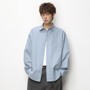 WASSUP潮牌简约清新百搭情侣长袖 男女2026秋穿搭衬衣 蓝色格子衬衫