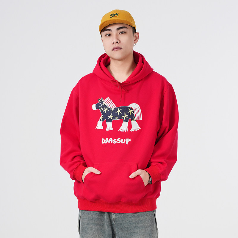 WASSUP马年贴片绣花重磅中国红卫衣男女秋冬新款加绒宽松连帽上衣