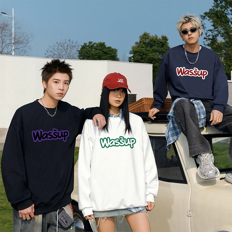 WASSUP美式重磅字母卫衣男女款百搭休闲加绒宽松秋冬圆领套头上衣