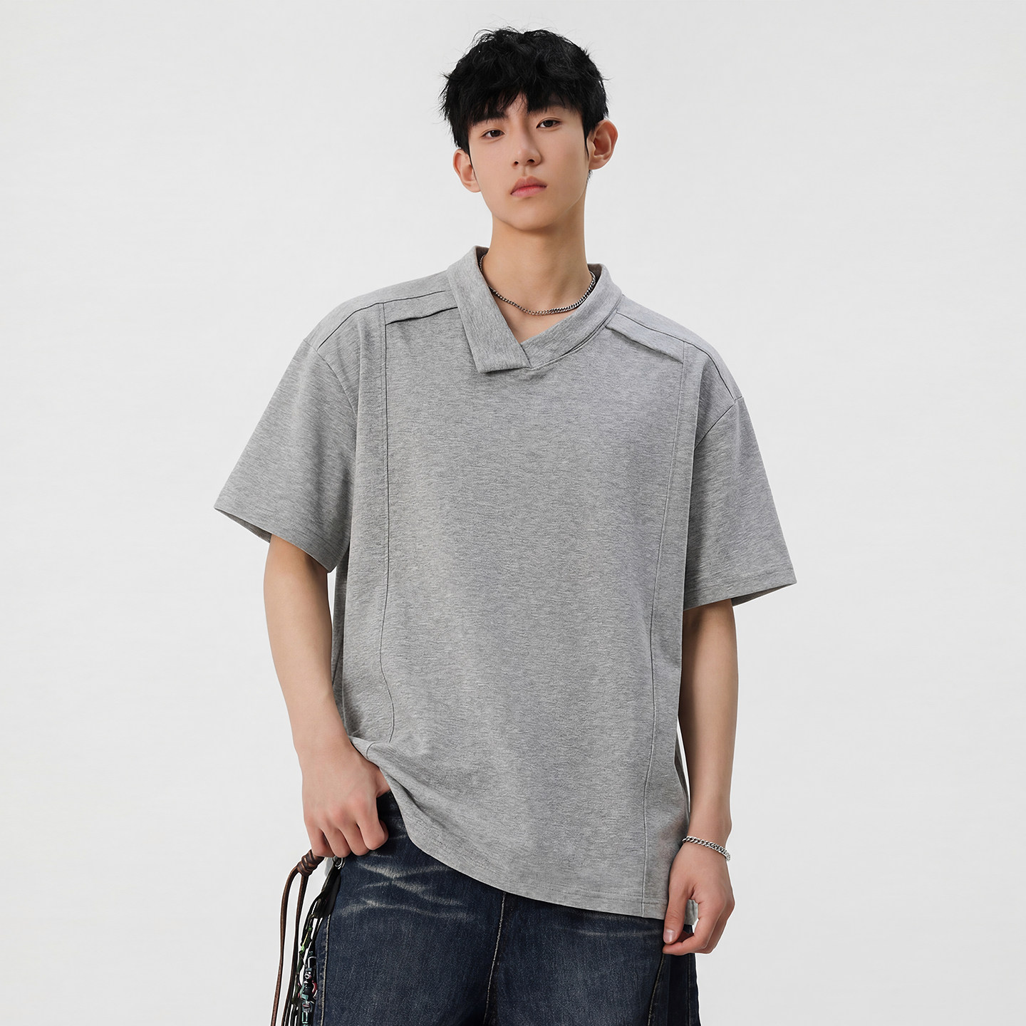 WASSUP美式拼接短袖polo衫男设计感小众正肩t恤cleanfit翻领半袖